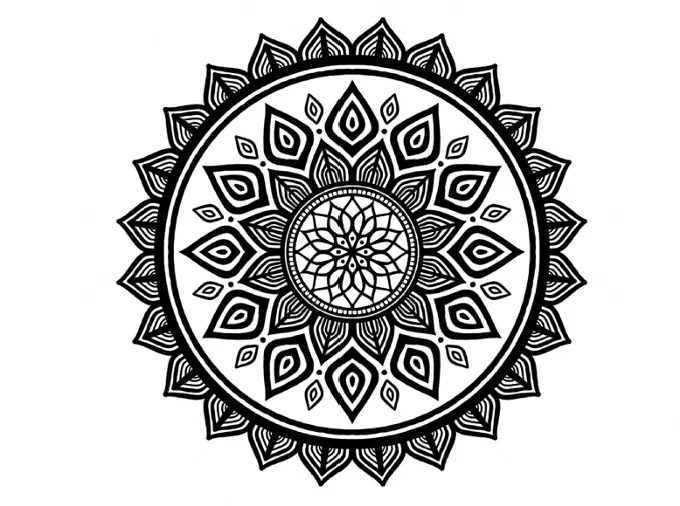 Mandala Colouring in sample image landscape sample image of a black mandala colouring-in print on a4 white paper